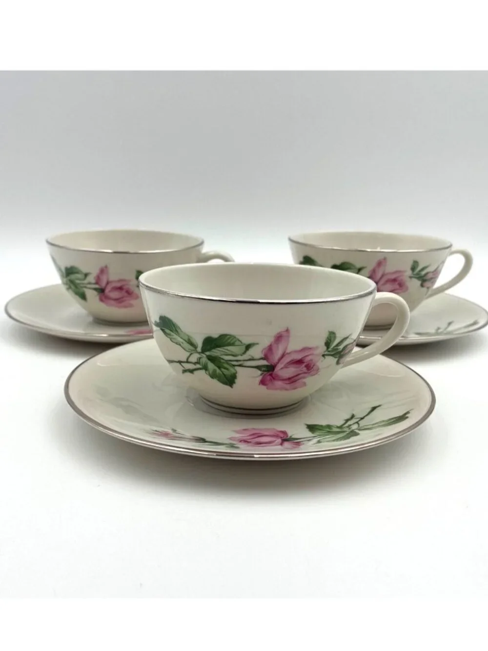 Vintage Youngsware YOU1 China Pink Rose Teacup & Saucer Set Of 3 6 Oz Capacity